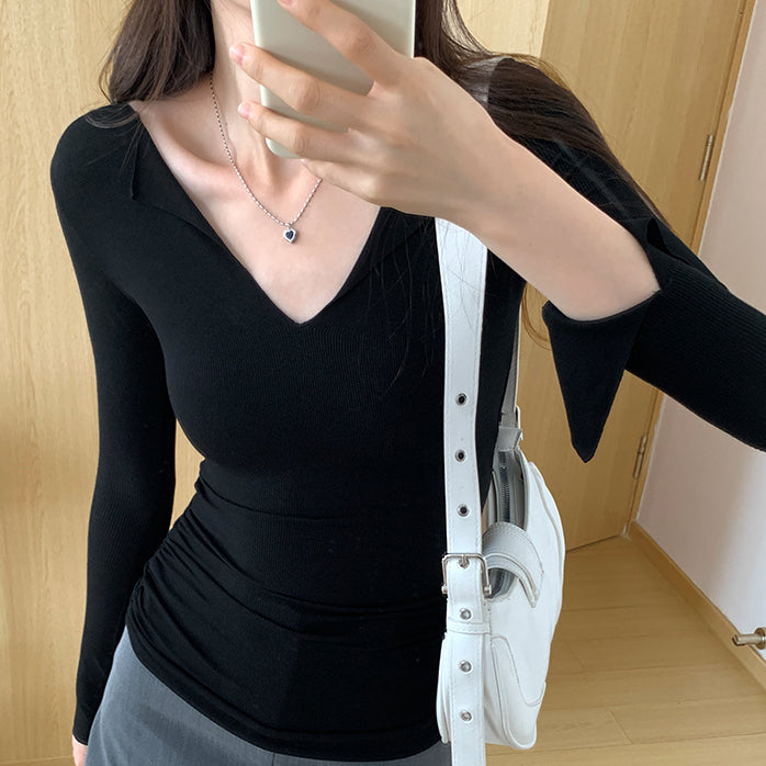 V-Neck Arc Hem Long-Sleeved T-Shirt Top