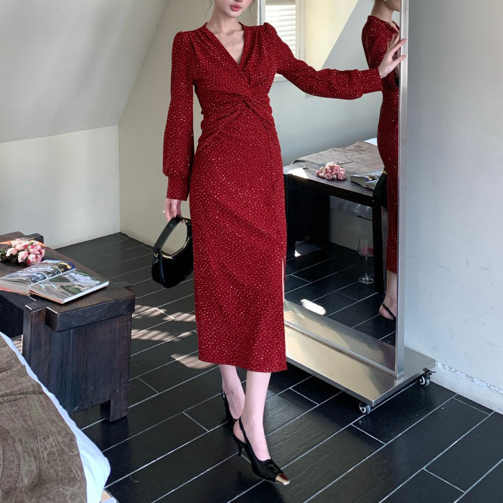 French V-Neck Rhinestone Dress