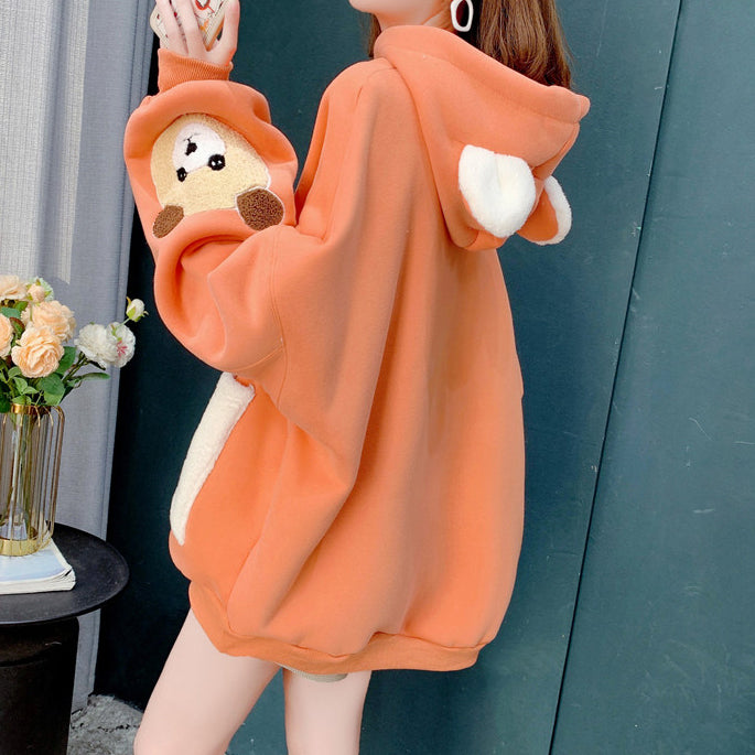 Bear Embroidered Long Sleeve Pocket Hooded Sweatshirt