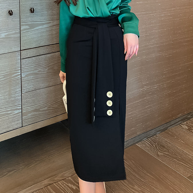 V-Neck Shirt High Waist Slit Buttons Decorated Skirt Set