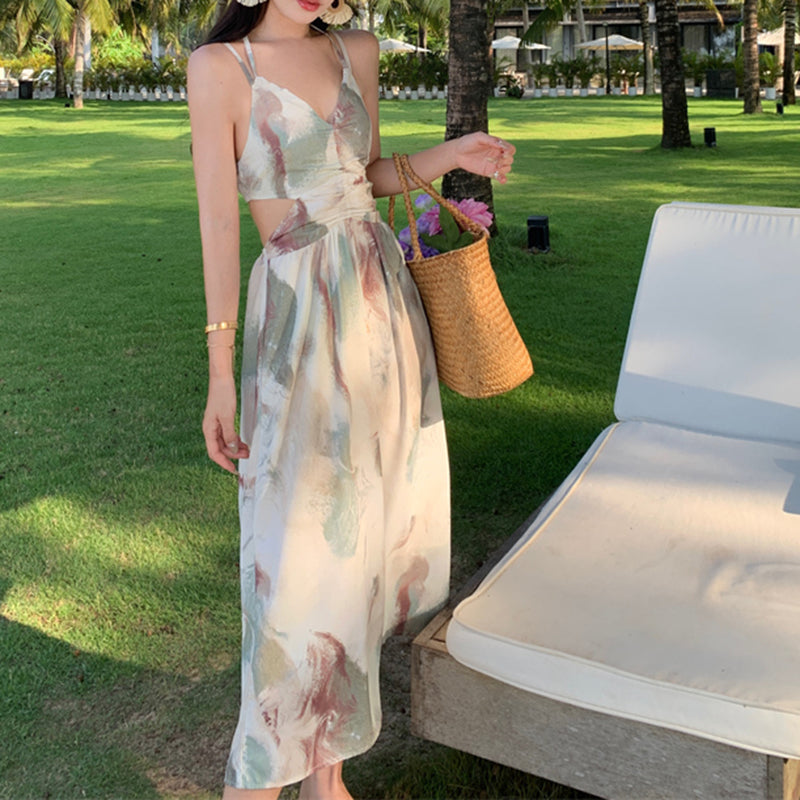 Green Tie Dye Resort Halter Backless Dress