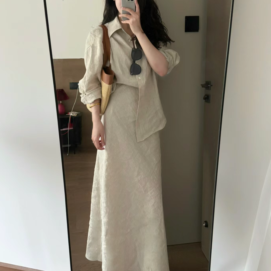 Minimalist Loose Long-Sleeve Shirt And Skirt Two-Piece Set