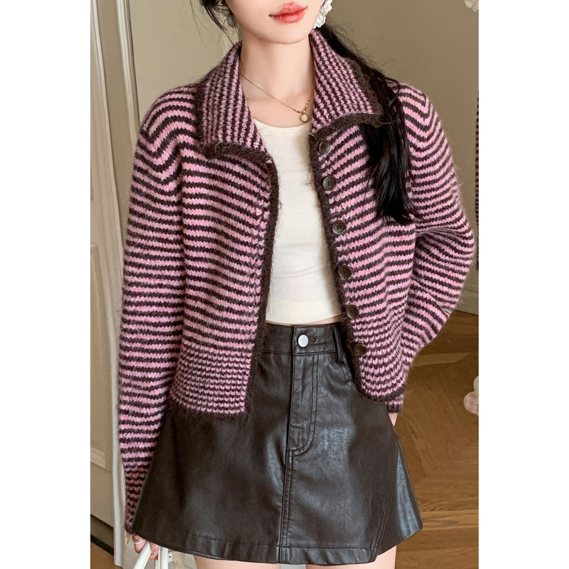 Vintage Striped Stand-Up Collar Single-Breasted Sweater