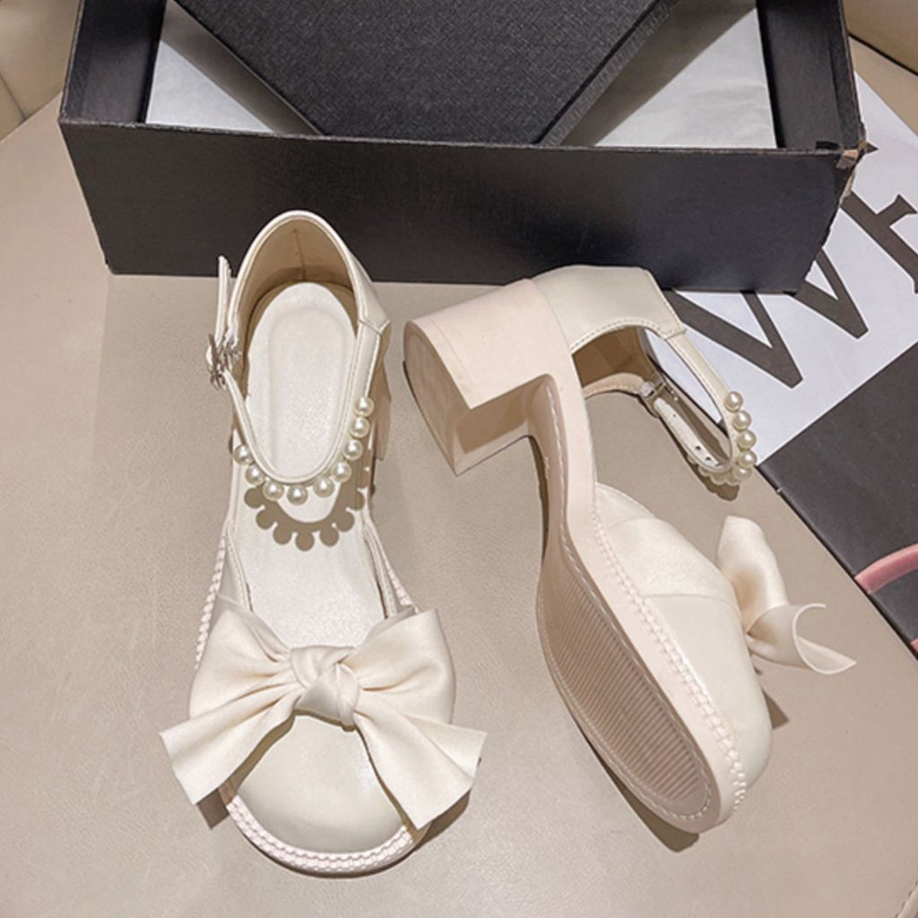 Thick Heel Sandals Bowknot Small Leather Shoes