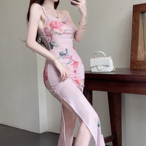 Rose Print Cami Slit Swing Collar Dress