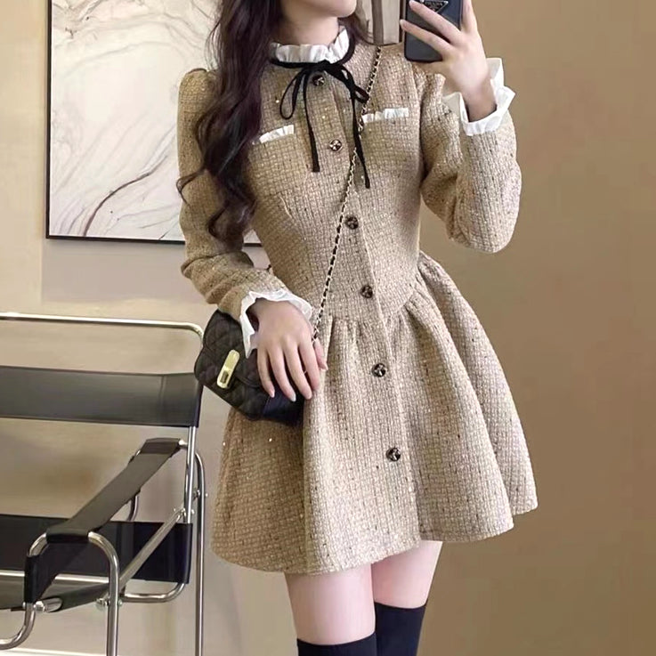 Nipped-Waist Bell-Sleeved Tweed Elegant Dress