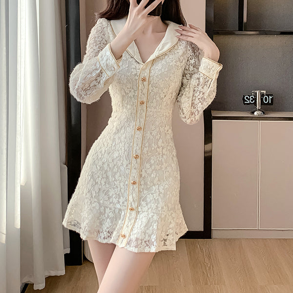 Lace Lapel Single-Breasted Floral Dress