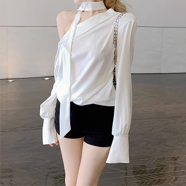 One-Shoulder Halter Neck Ribbon White Shirt