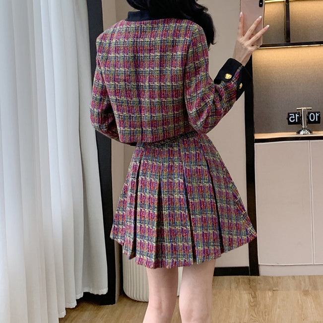 Tweed Buttoned Plaid Jacket Elegant Pleated Skirt Set