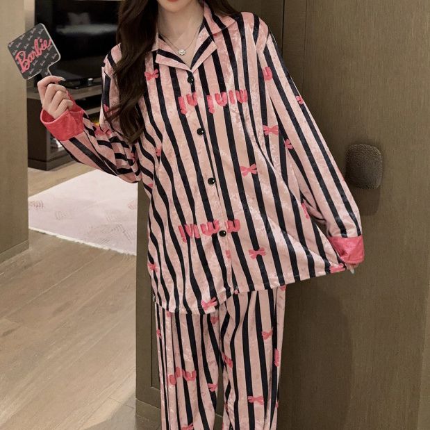 Pink Vertical Striped Velvet Pajamas Set