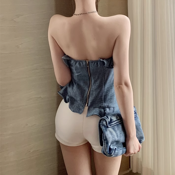 Back Zipper Ruffled Slim Fit Bandeau Top