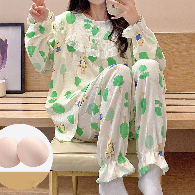 Cloud Cotton Round Tie Chest Pad Home Pajamas Set