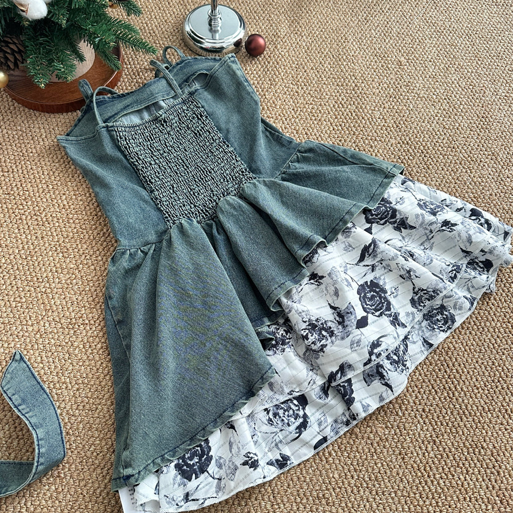 Rose Edge Splicing Belt Denim Suspender Dress