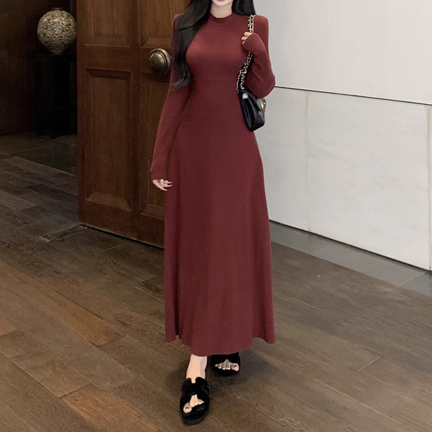 Angora Red Round Neck Slim A-Line Long Dress