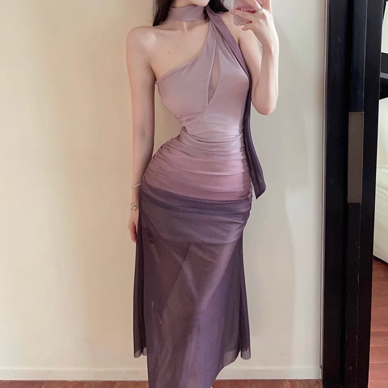 Gradient Color Ribbon One Shoulder Mesh Dress