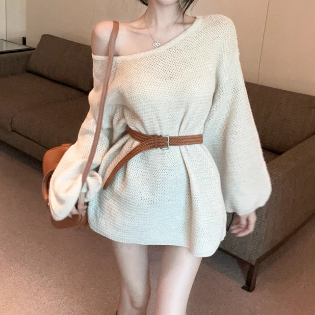 Loose Collarbone Exposed Knitted Sweater Dress
