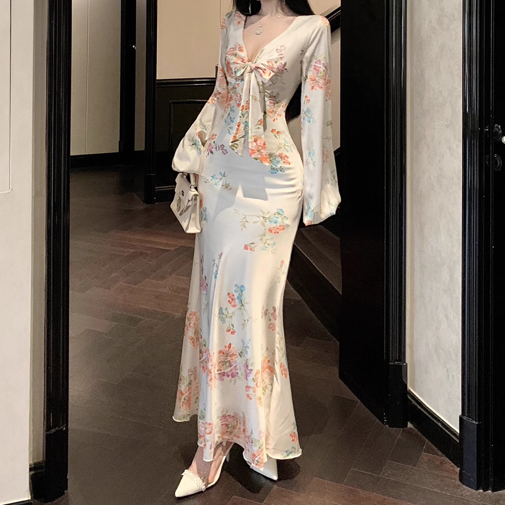 Satin Backless V-Neck Floral Elegant Fishtail Dress