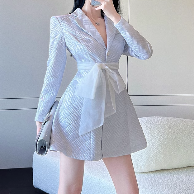 Backless Mesh Belt Long-Sleeved Suit Dress