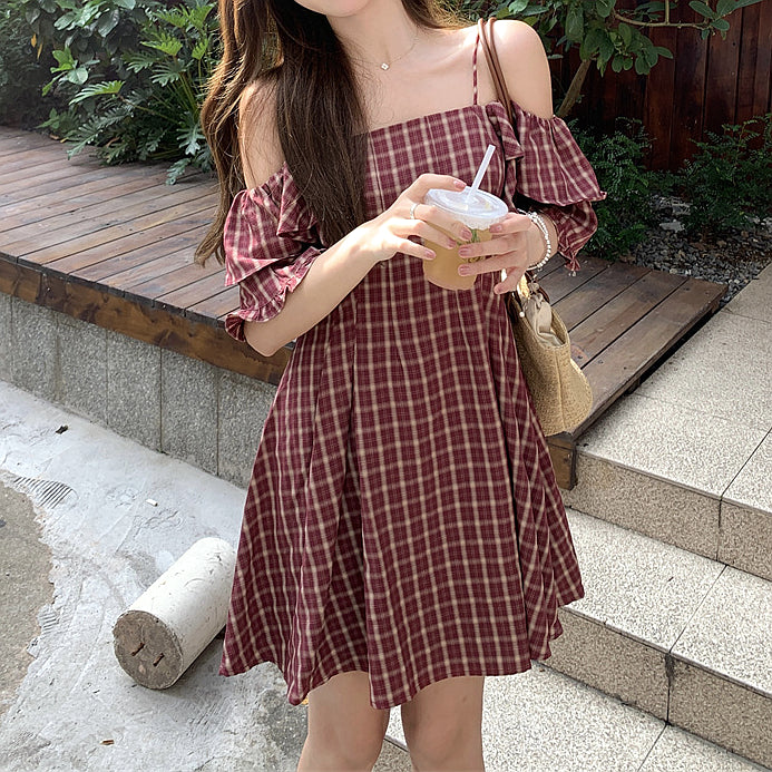 Falbala Plaid Waist Slim Off Shoulder Dress