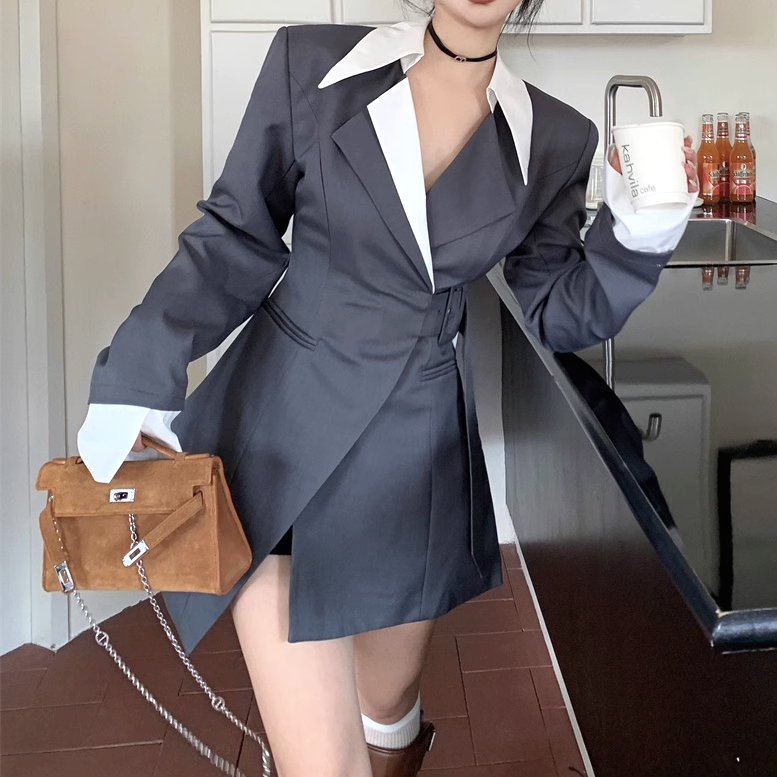 Long Sleeve Belted Waist Suit Dress