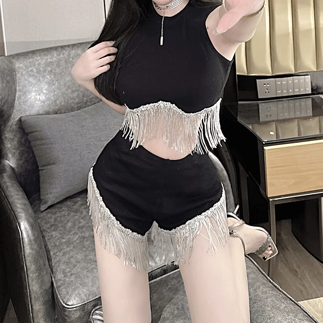 Tassel Sleeveless Cropped Top High Waisted Shorts Set