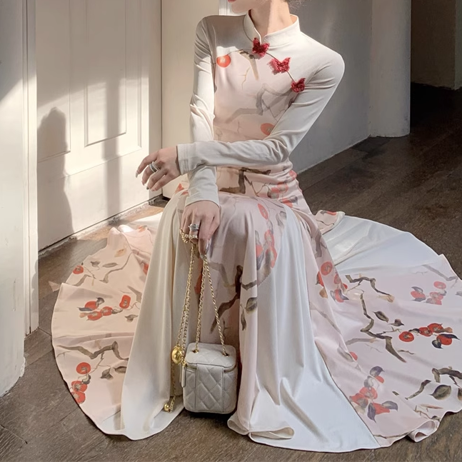 Flower Cheongsam High Waist Slim Long Sleeve Dress