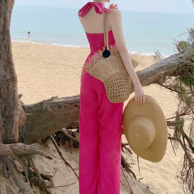 Open Back Tie Pocket Rose Red Wide-Leg Jumpsuit