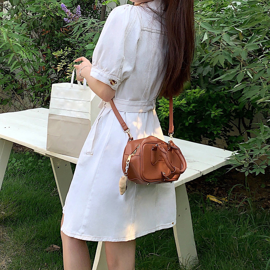 Single-Breasted Lapel Puff-Sleeve Denim Dress