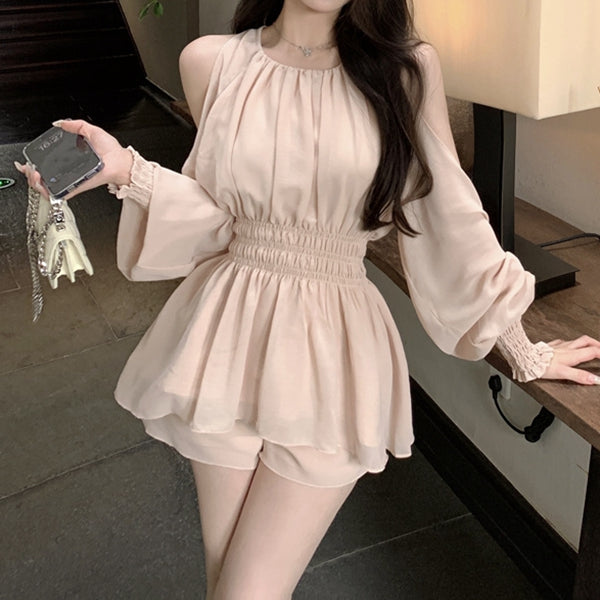 Off-Shoulder Chiffon Top Elastic Waist Shorts Set