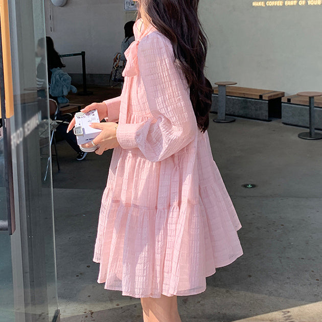 Bow Tie Long-Sleeved Pink Sweet Puffy Dress
