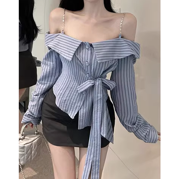 Striped Off-Shoulder Waist Tie Shirt Top