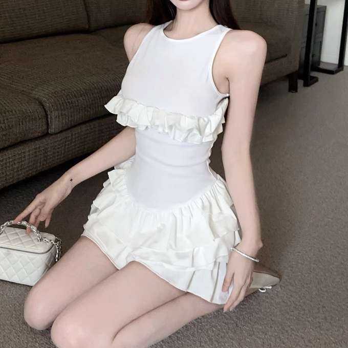 Cross Backless Ruffled Sleeveless White Dress
