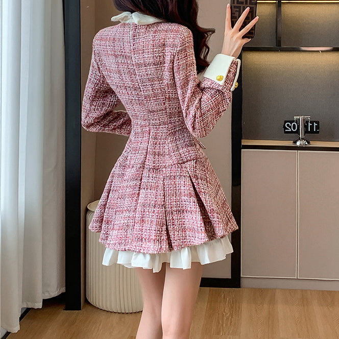 Pink Tweed Single-Breasted Slim Dress