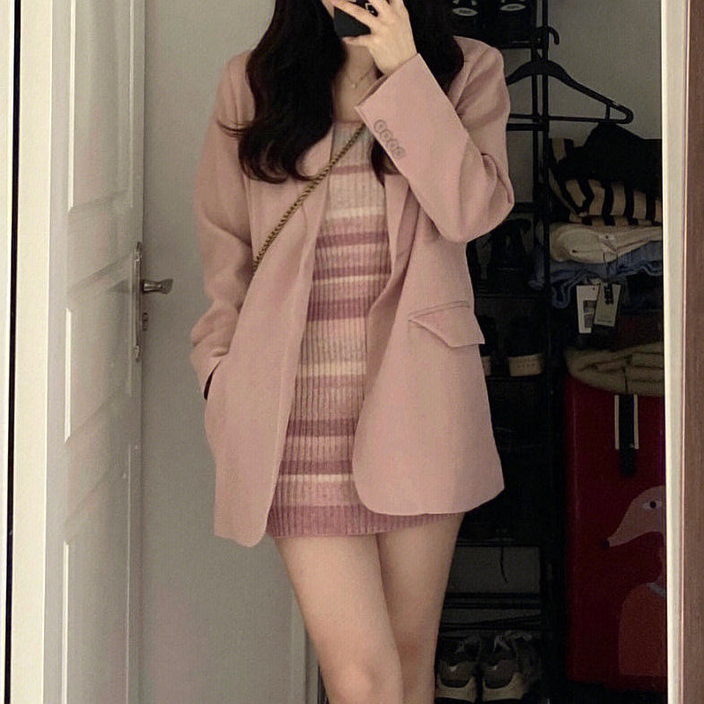 Striped Knitted Dress Long-Sleeved Pink Blazer Top