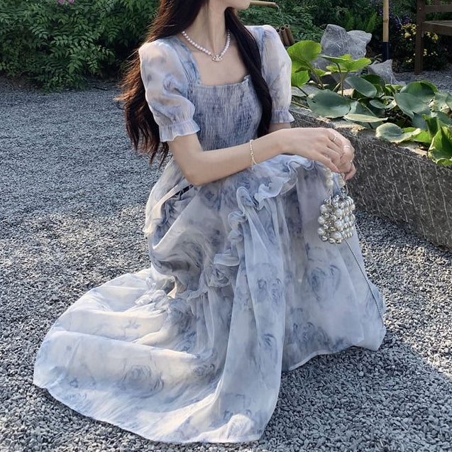 Retro Square Neck Wooden Ear Floral Dress