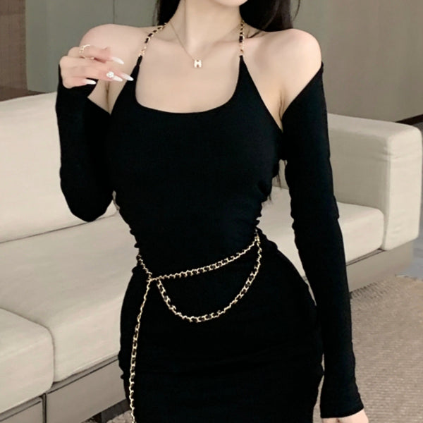 Solid Color Long Sleeve Cardigan Halter Neck Dress