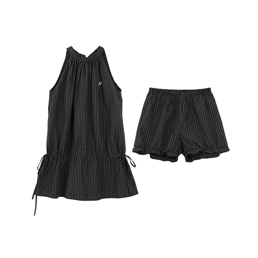 Striped Elastic Waist Dress Flower Bud Shorts Set