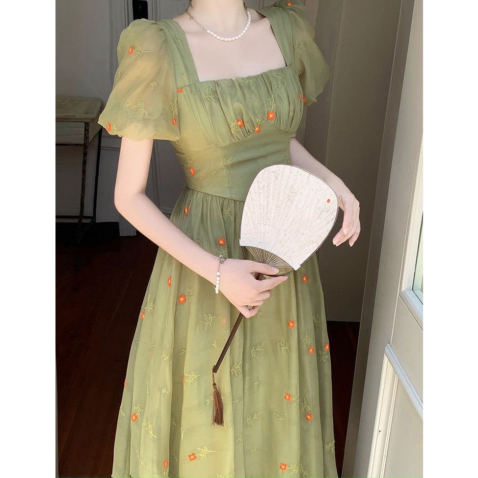 Square Neck Chiffon Neck Puff Sleeve Long Dress