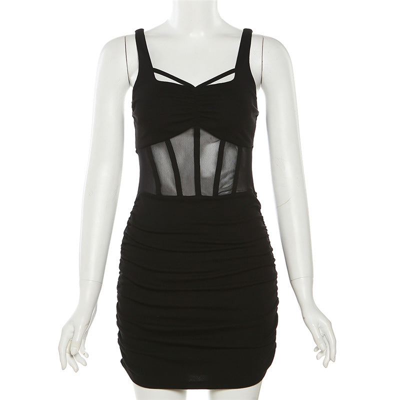 Slim Fit Mesh Herringbone Backless Black Dress