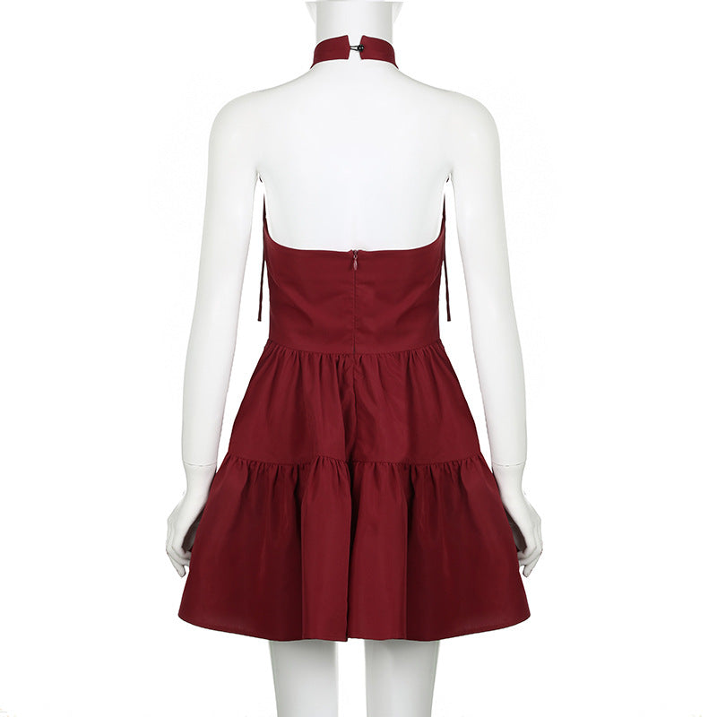 Bow Backless Halter Neck Tie Puffy Red Dress