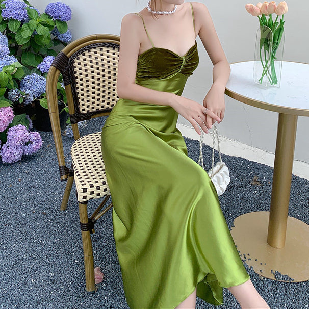 High-Waisted Slim-Fitting Green Suspender Dress
