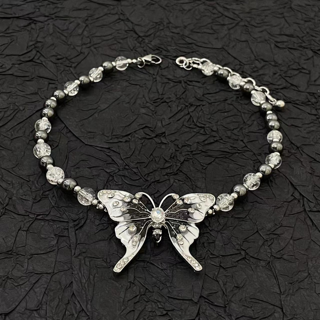 Diamond Titanium Steel Butterfly Beaded Necklace