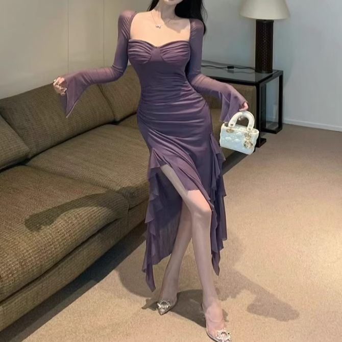 Mesh Fungus Edge Slit Long Sleeve Slim Dress