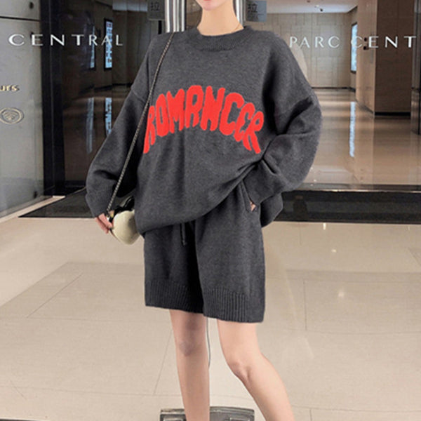 Letter Loose Sweater Elastic Waist Shorts Set