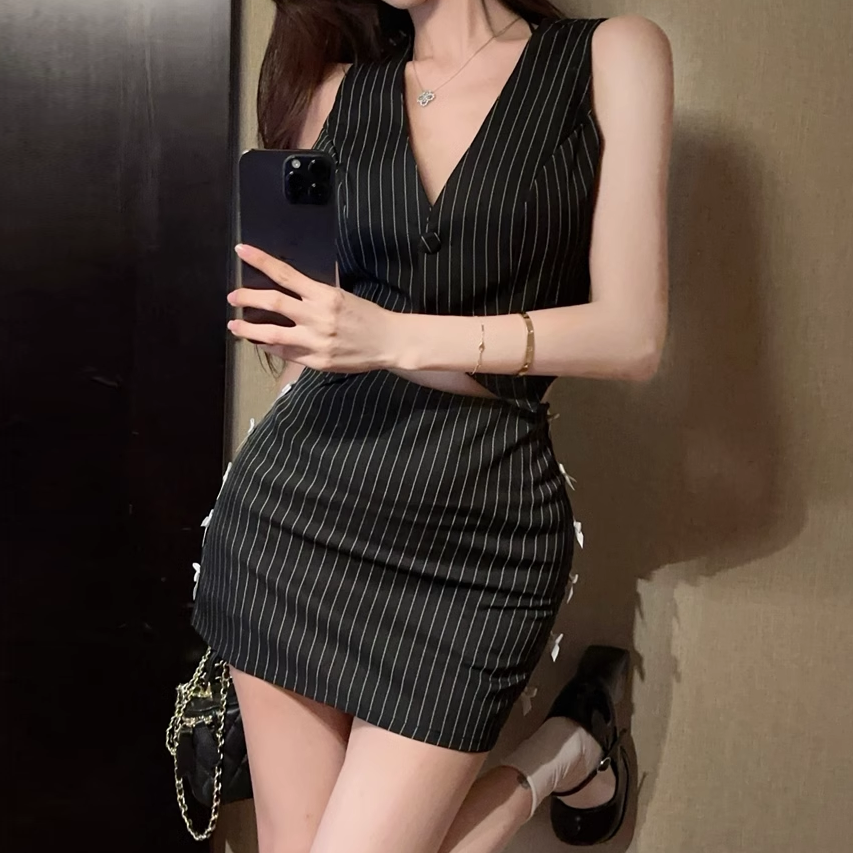 V-Neck Striped Slit Sleeveless Vest Bow Skirt Set