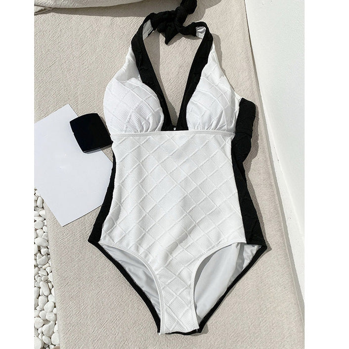 Two-Tone Low Cut Halter Neck One-Piece Swimsuit