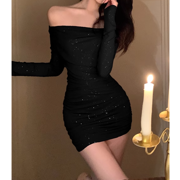 Pleated Slim High Waist Long Sleeve Tube Dress