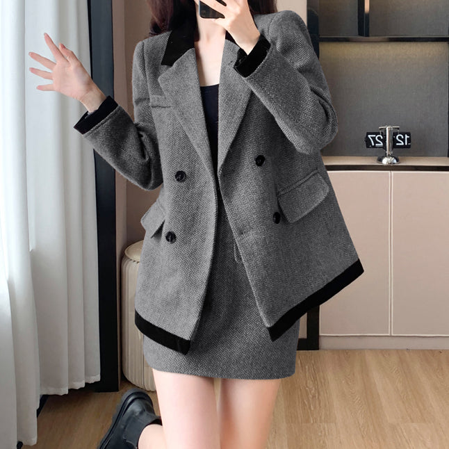 Loose Long Sleeve Suit Jacket Slim Skirt Set
