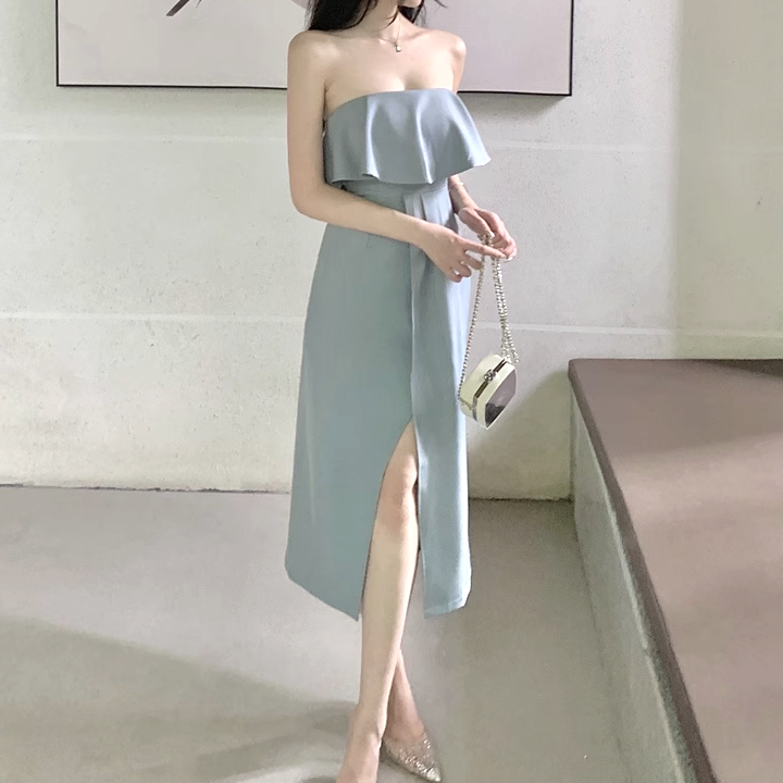 Ruffled Slit Slim High Waist Tube Dress