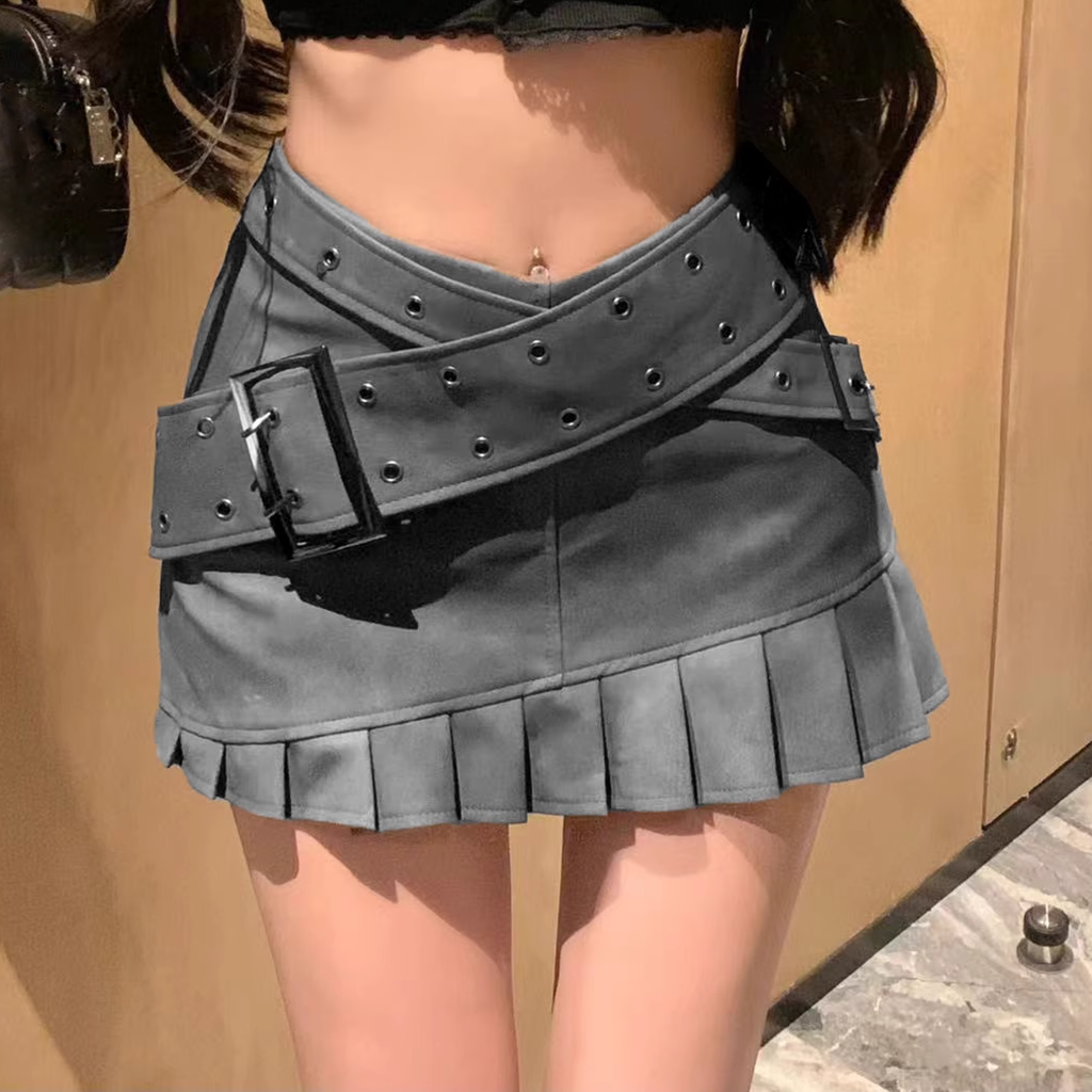 Irregular Low Waist Belt Slim A-Line Leather Skirt